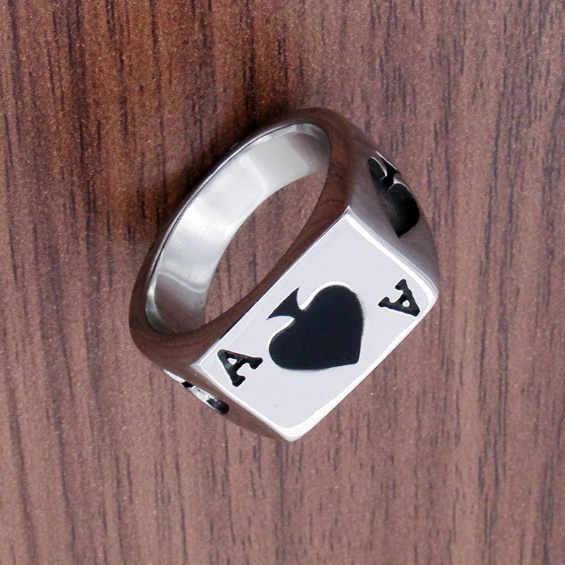 Punk Lucky Spade A Playing Card Ring 316L Stainless Steel Man's Fashion Letter A Rings Jewelry