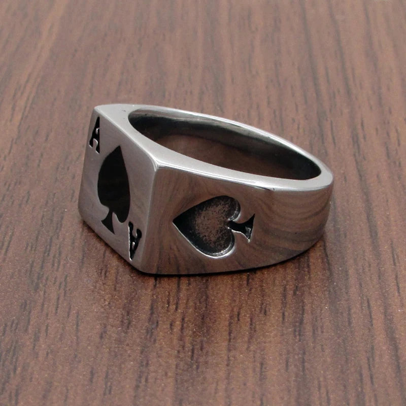 Punk Lucky Spade A Playing Card Ring 316L Stainless Steel Man's Fashion Letter A Rings Jewelry