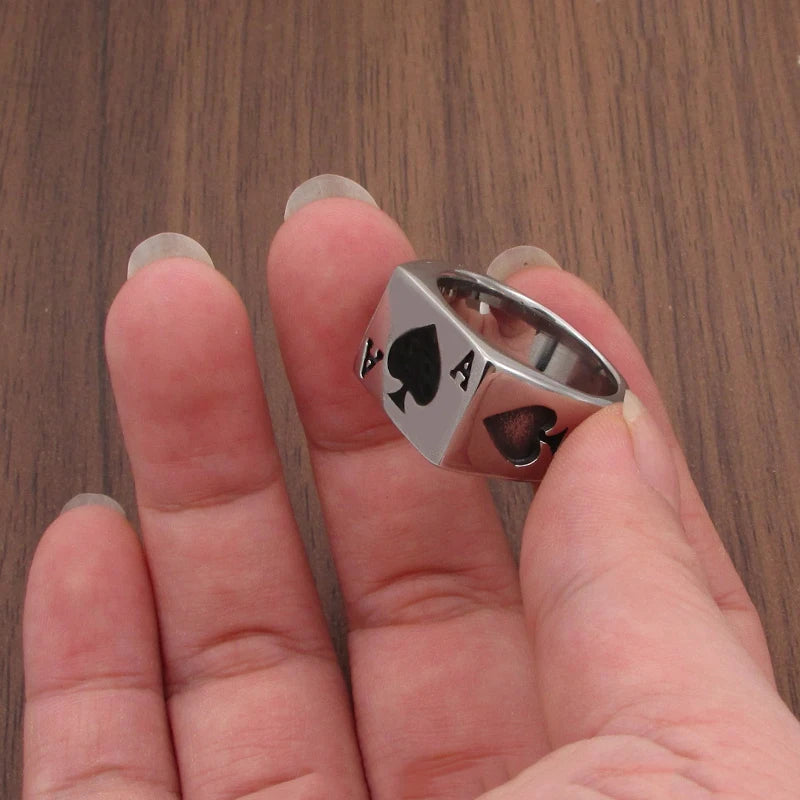 Punk Lucky Spade A Playing Card Ring 316L Stainless Steel Man's Fashion Letter A Rings Jewelry