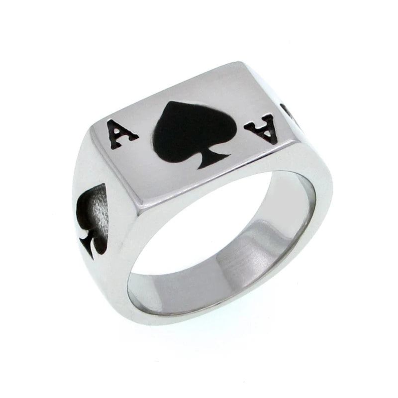 Punk Lucky Spade A Playing Card Ring 316L Stainless Steel Man's Fashion Letter A Rings Jewelry