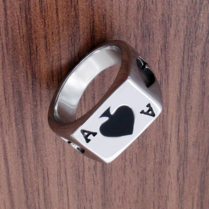Punk Lucky Spade A Playing Card Ring 316L Stainless Steel Man's Fashion Letter A Rings Jewelry