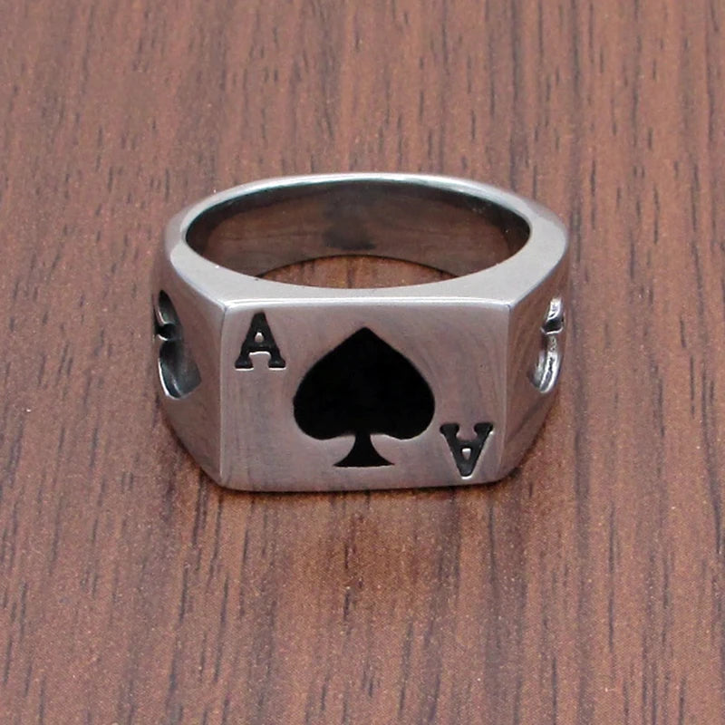 Punk Lucky Spade A Playing Card Ring 316L Stainless Steel Man's Fashion Letter A Rings Jewelry