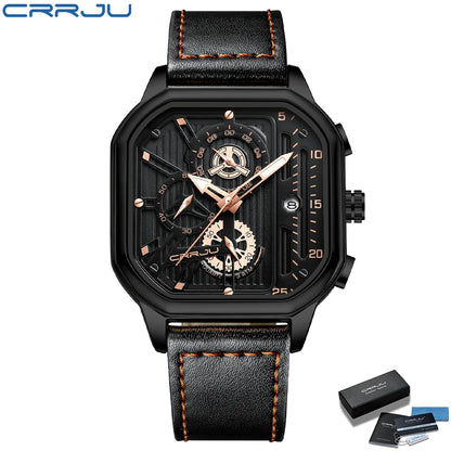 CRRJU Men Watch Top Brand Luxury Military Leather Square Clock Quartz Business Sport Wristwatch Relogio Masculino