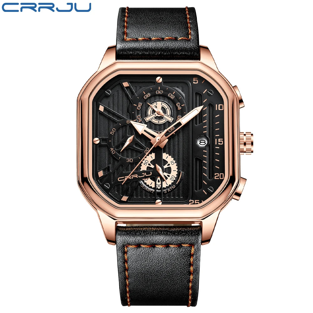 CRRJU Men Watch Top Brand Luxury Military Leather Square Clock Quartz Business Sport Wristwatch Relogio Masculino