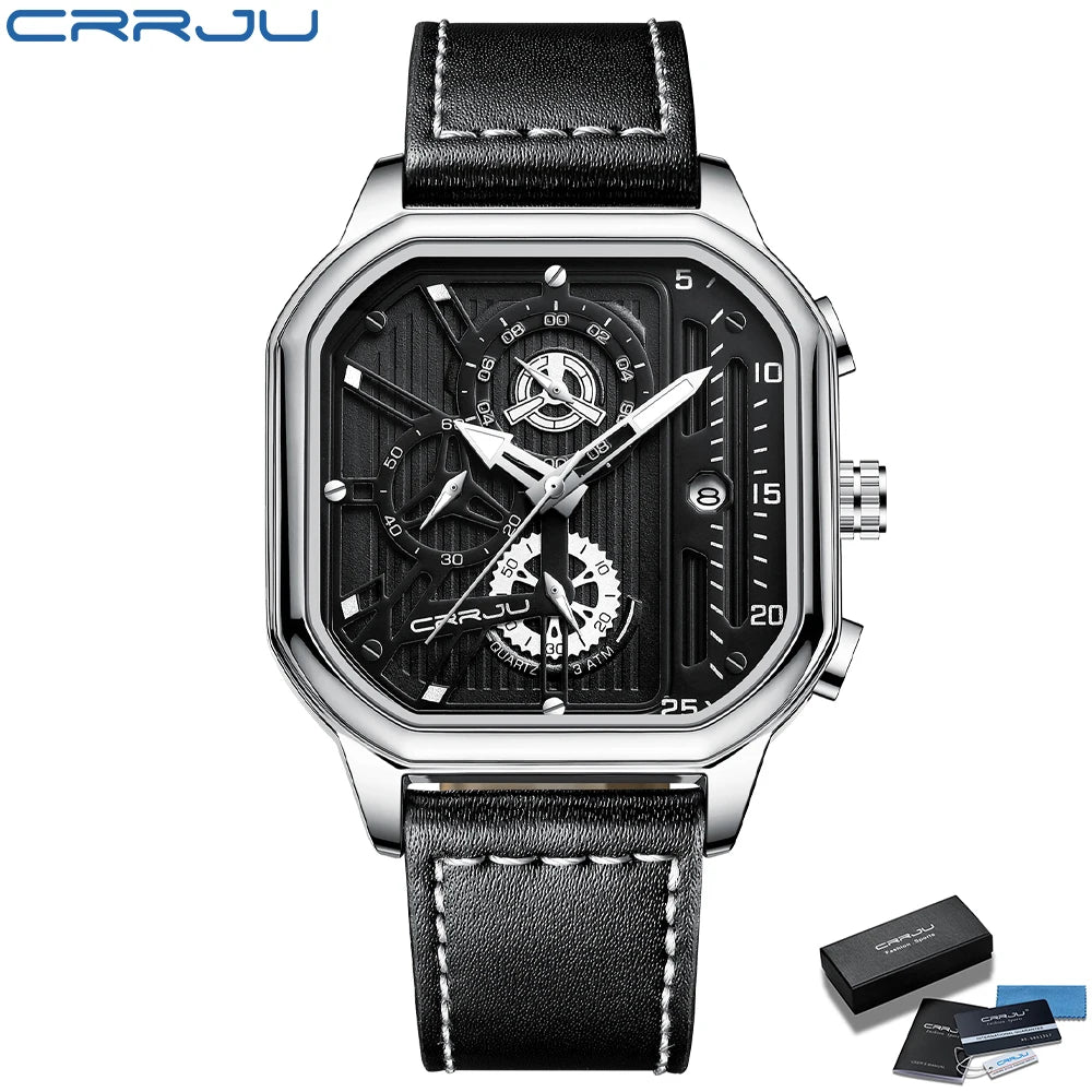 CRRJU Men Watch Top Brand Luxury Military Leather Square Clock Quartz Business Sport Wristwatch Relogio Masculino