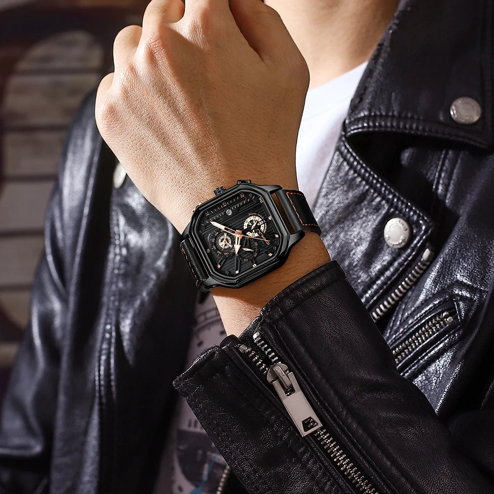 CRRJU Men Watch Top Brand Luxury Military Leather Square Clock Quartz Business Sport Wristwatch Relogio Masculino