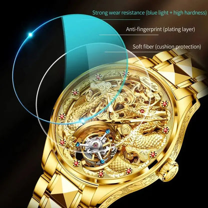 100% Golden Dragon OUPINKE 3176 True Tourbillon Watch Brand Luxury Tungsten Steel Men Automatic Mechanical Watch Reloj Hombre