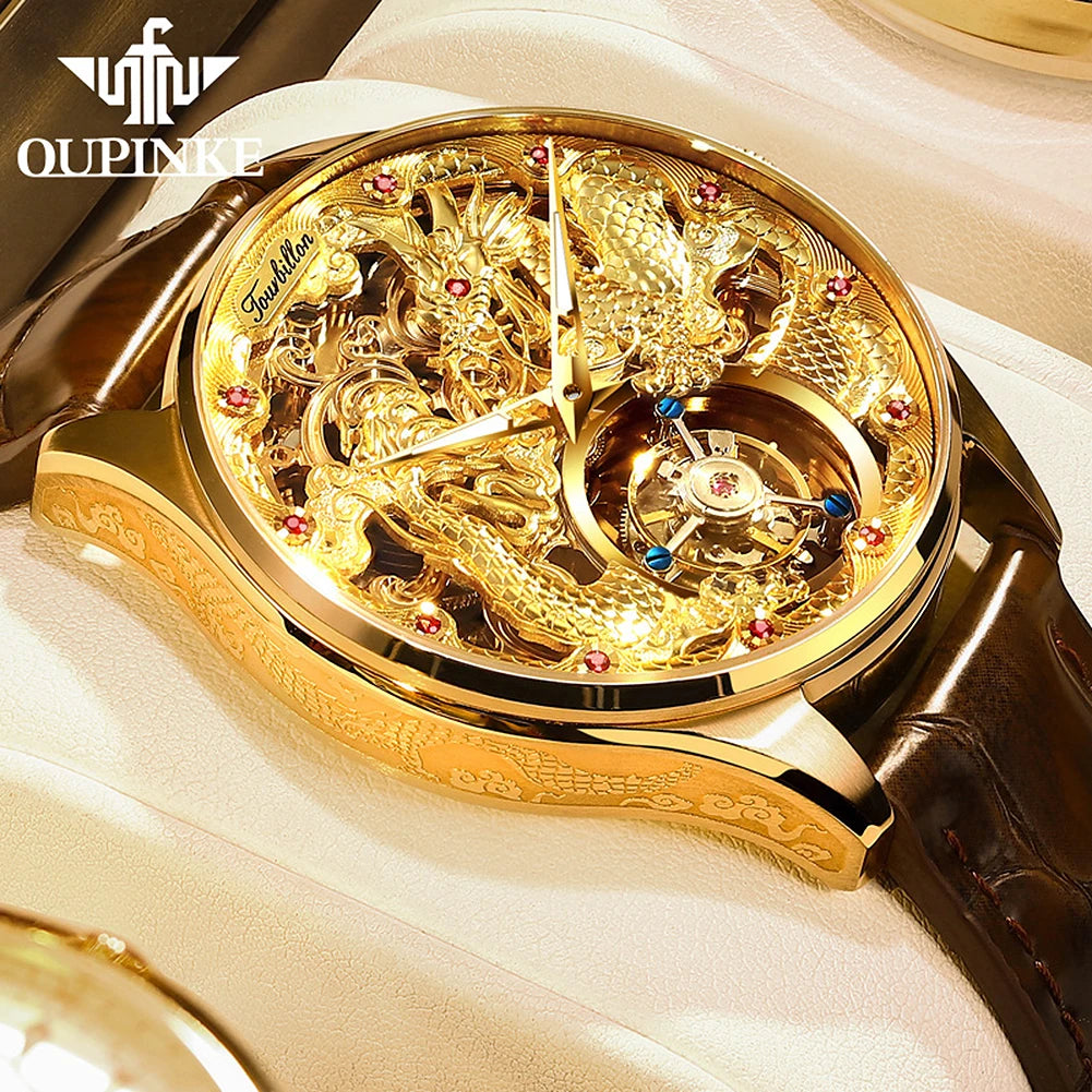 100% Golden Dragon OUPINKE 3176 True Tourbillon Watch Brand Luxury Tungsten Steel Men Automatic Mechanical Watch Reloj Hombre