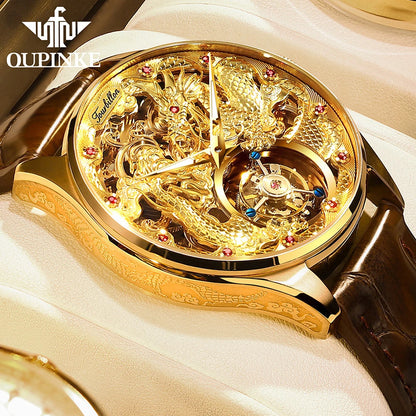 100% Golden Dragon OUPINKE 3176 True Tourbillon Watch Brand Luxury Tungsten Steel Men Automatic Mechanical Watch Reloj Hombre