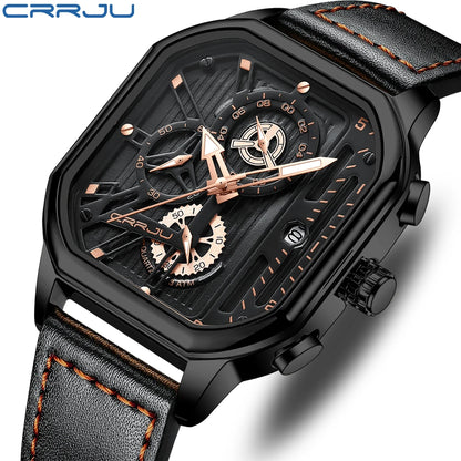 CRRJU Men Watch Top Brand Luxury Military Leather Square Clock Quartz Business Sport Wristwatch Relogio Masculino