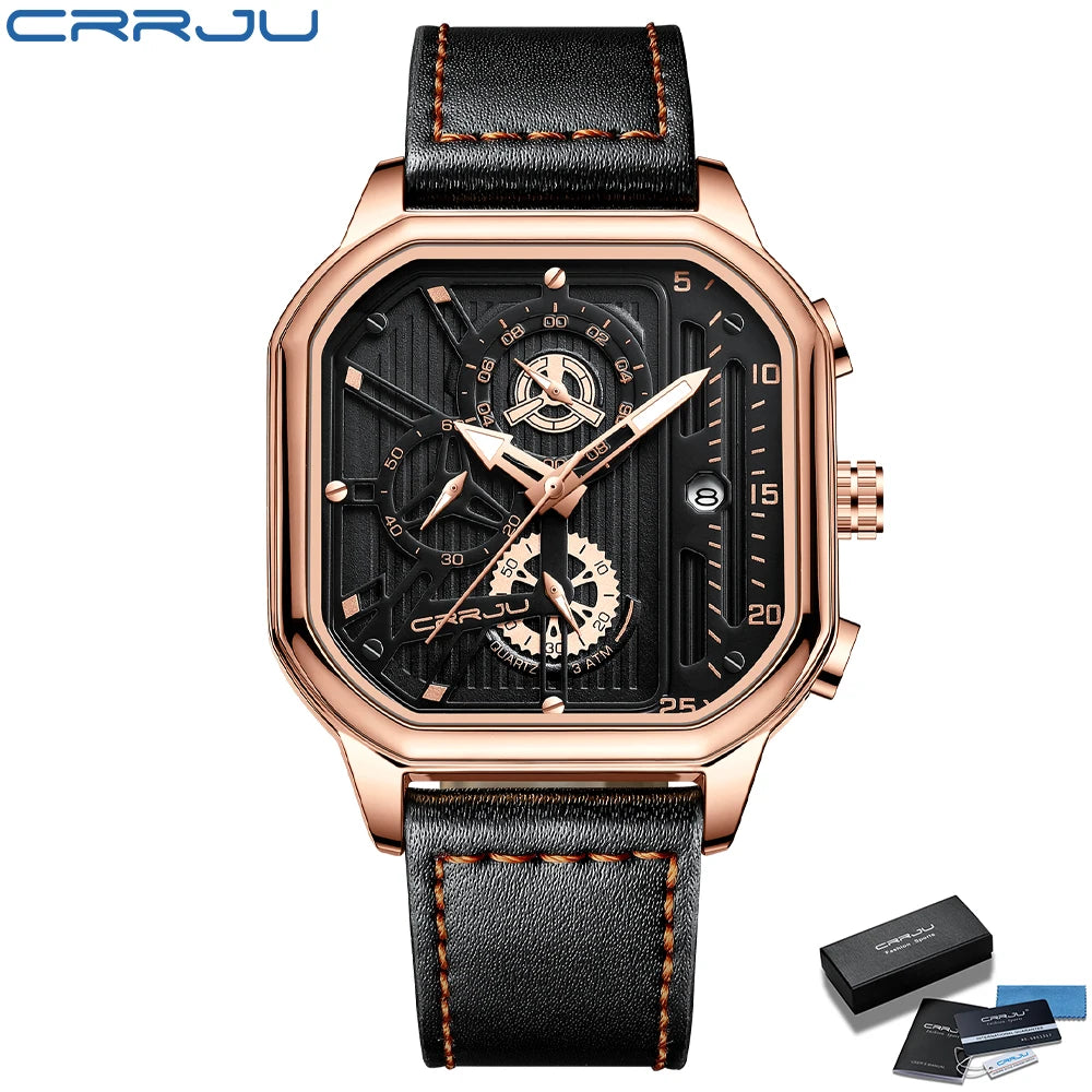 CRRJU Men Watch Top Brand Luxury Military Leather Square Clock Quartz Business Sport Wristwatch Relogio Masculino