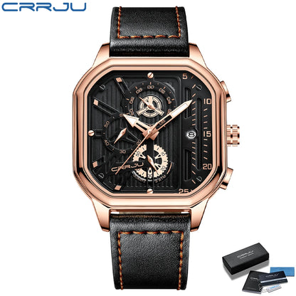 CRRJU Men Watch Top Brand Luxury Military Leather Square Clock Quartz Business Sport Wristwatch Relogio Masculino