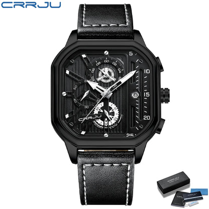 CRRJU Men Watch Top Brand Luxury Military Leather Square Clock Quartz Business Sport Wristwatch Relogio Masculino