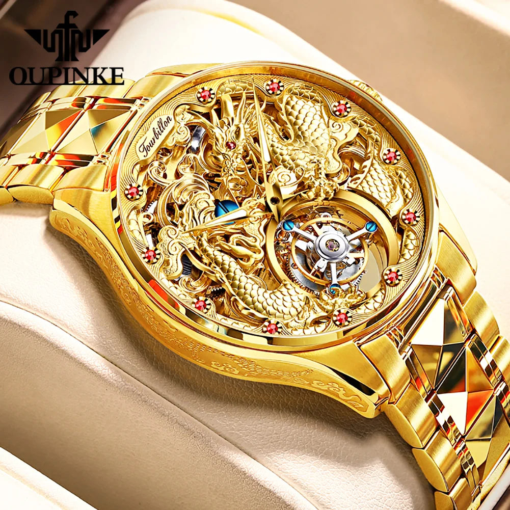 100% Golden Dragon OUPINKE 3176 True Tourbillon Watch Brand Luxury Tungsten Steel Men Automatic Mechanical Watch Reloj Hombre