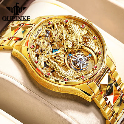 100% Golden Dragon OUPINKE 3176 True Tourbillon Watch Brand Luxury Tungsten Steel Men Automatic Mechanical Watch Reloj Hombre