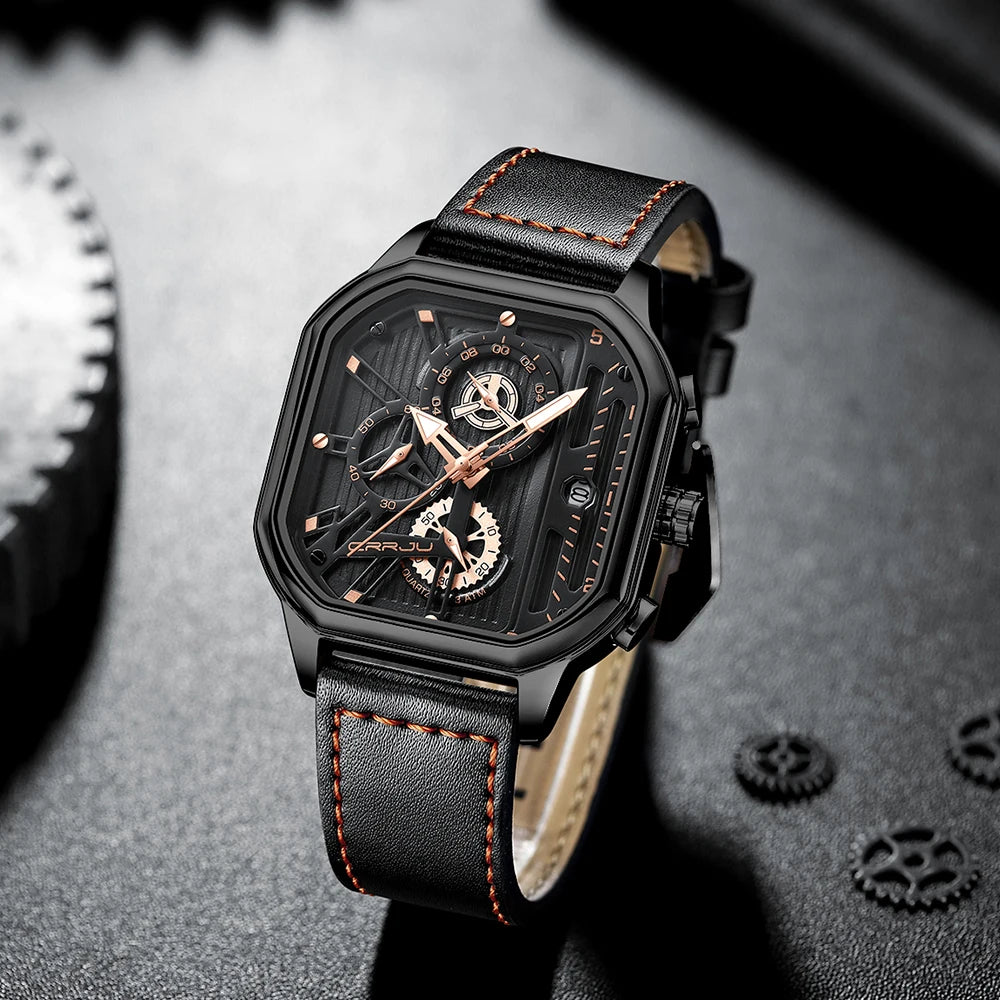 CRRJU Men Watch Top Brand Luxury Military Leather Square Clock Quartz Business Sport Wristwatch Relogio Masculino