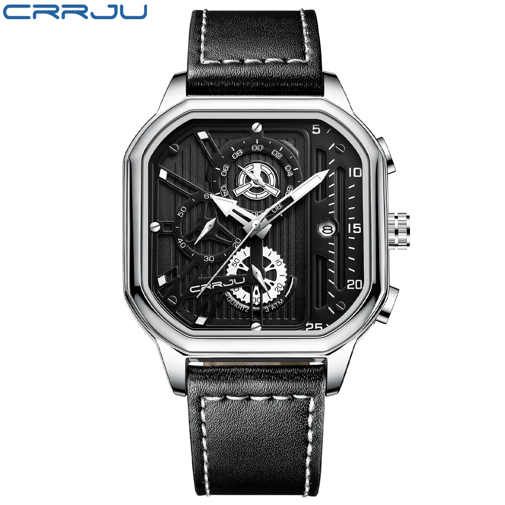 CRRJU Men Watch Top Brand Luxury Military Leather Square Clock Quartz Business Sport Wristwatch Relogio Masculino