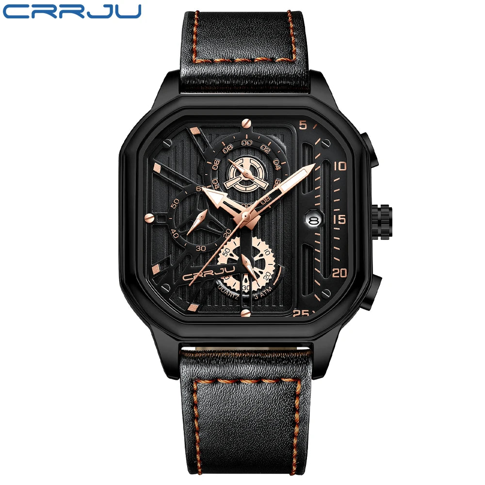 CRRJU Men Watch Top Brand Luxury Military Leather Square Clock Quartz Business Sport Wristwatch Relogio Masculino