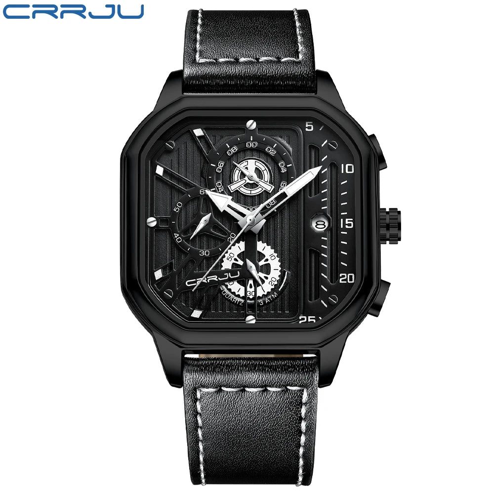 CRRJU Men Watch Top Brand Luxury Military Leather Square Clock Quartz Business Sport Wristwatch Relogio Masculino