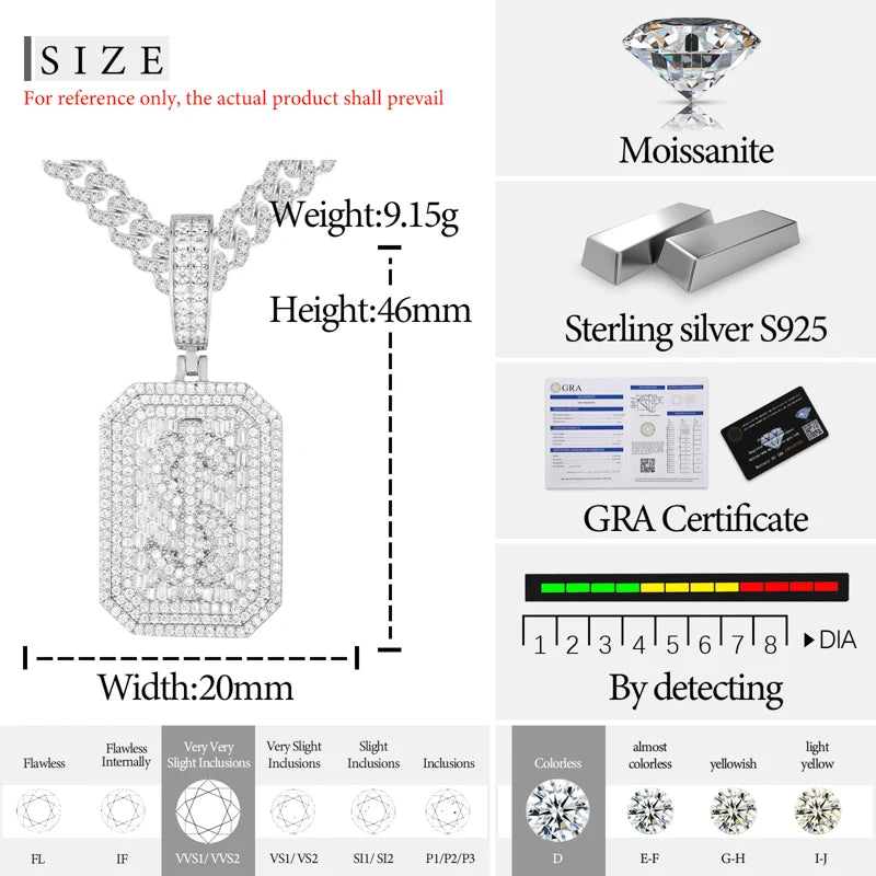 TUHE Unisex High Quality D VVS Moissanite Bracelet  Iced Out Hang Hip Hop Pendant For Men Hip Hop Jewelry Gifts