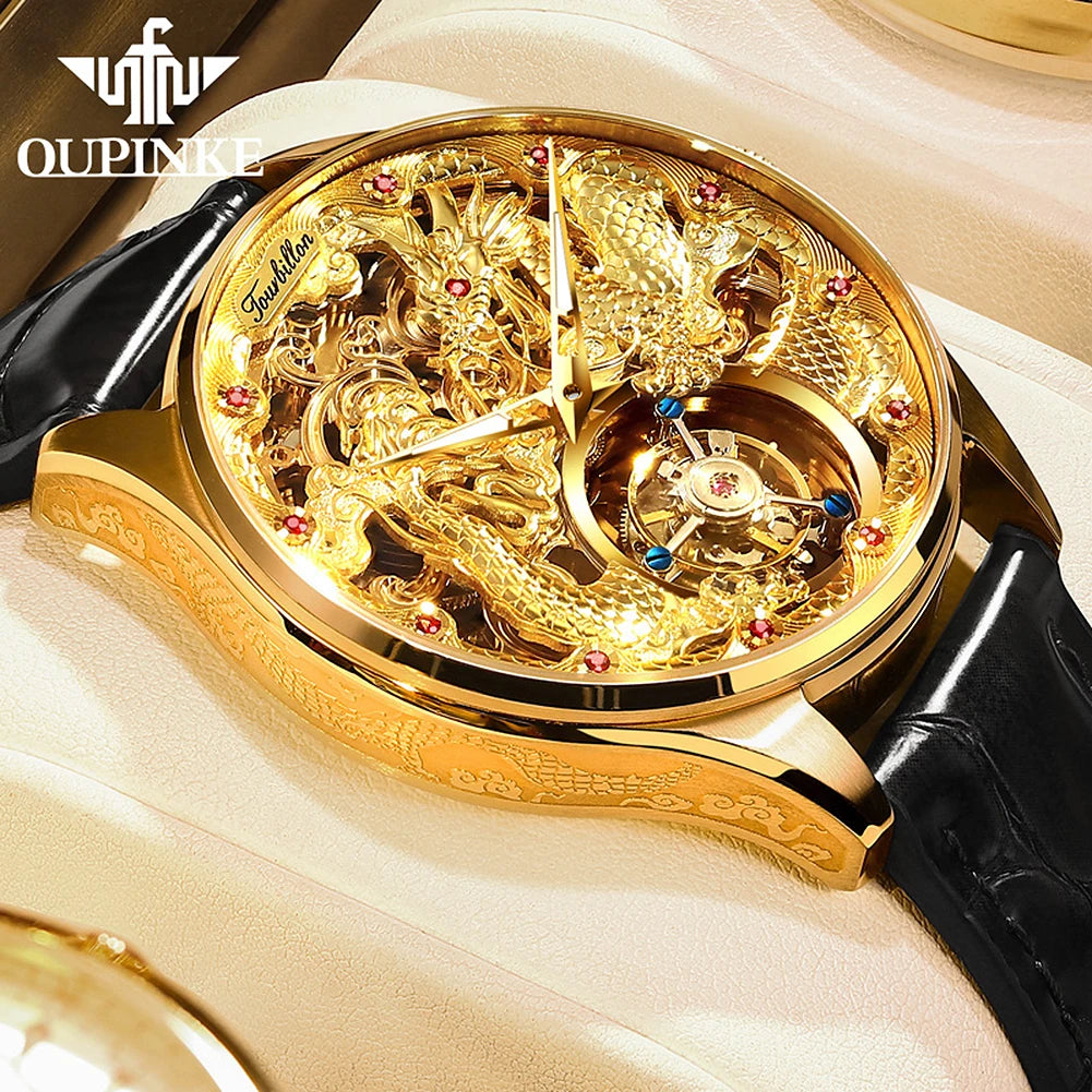 100% Golden Dragon OUPINKE 3176 True Tourbillon Watch Brand Luxury Tungsten Steel Men Automatic Mechanical Watch Reloj Hombre