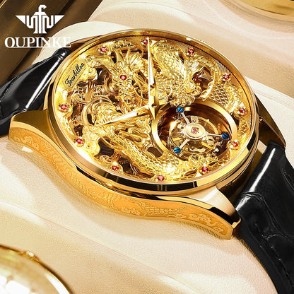 100% Golden Dragon OUPINKE 3176 True Tourbillon Watch Brand Luxury Tungsten Steel Men Automatic Mechanical Watch Reloj Hombre
